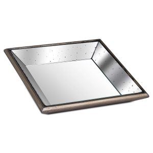 Medium Square Antiqued Mirrored Tray With Weathered Wood Frame