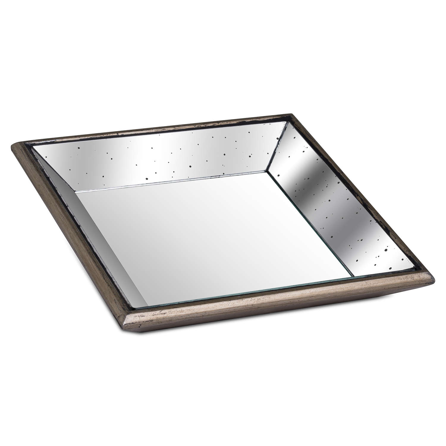 Medium Square Antiqued Mirrored Tray With Weathered Wood Frame
